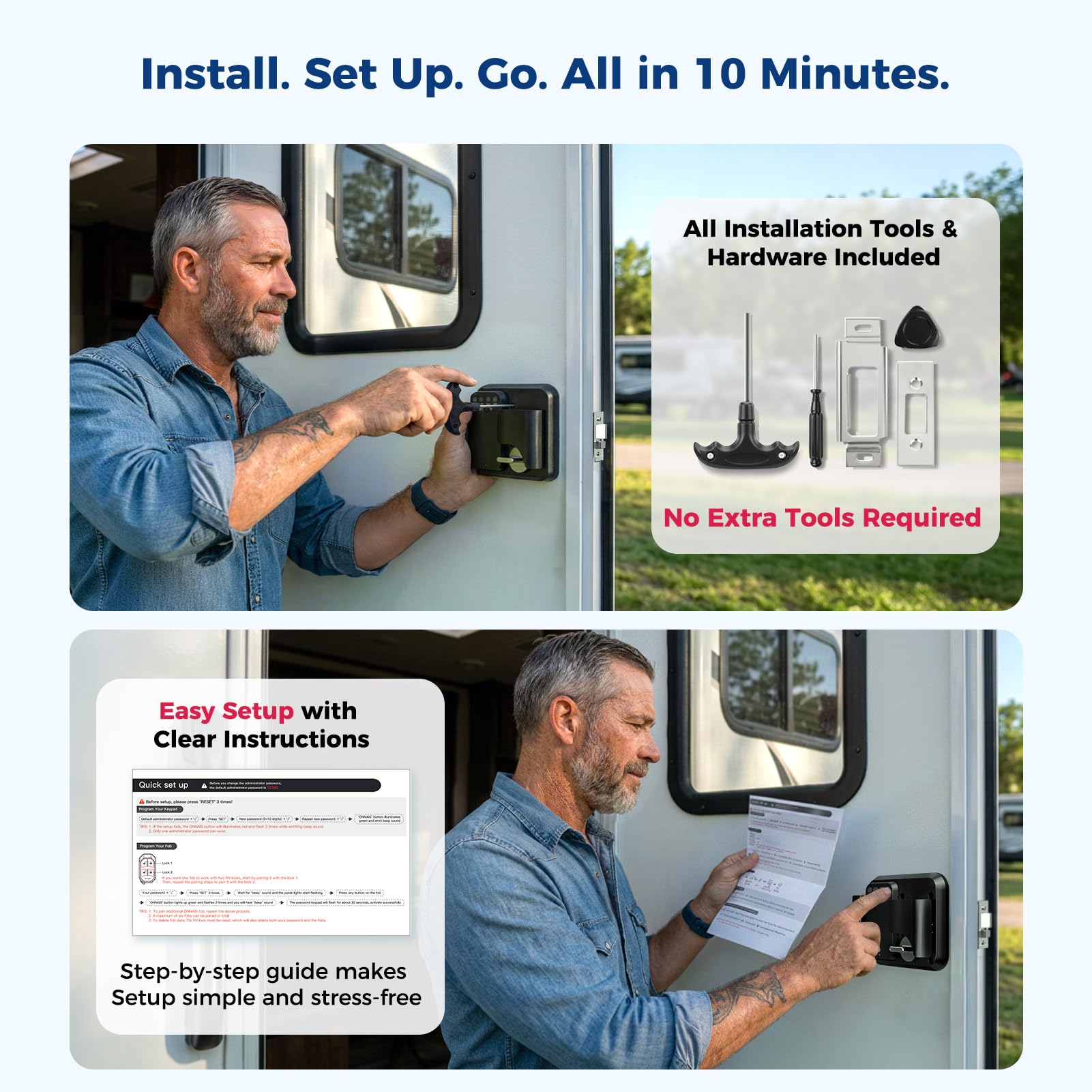 ONNAIS lock installed on camper door in outdoor setting showing weatherproof security benefit
