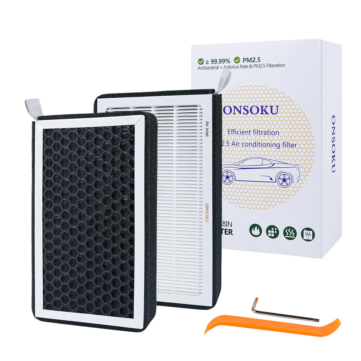 ONSOKU front packaging for Tesla Model 3 Model Y showing set of two filters and benefits