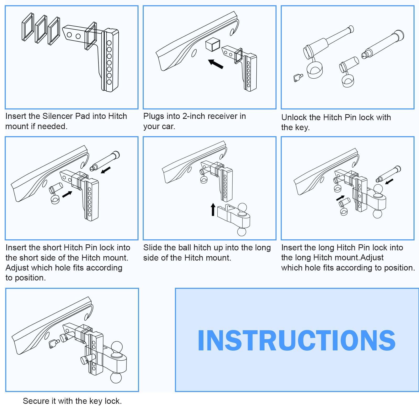 Onsski hitch displayed with included stainless locks and four silencers for security
