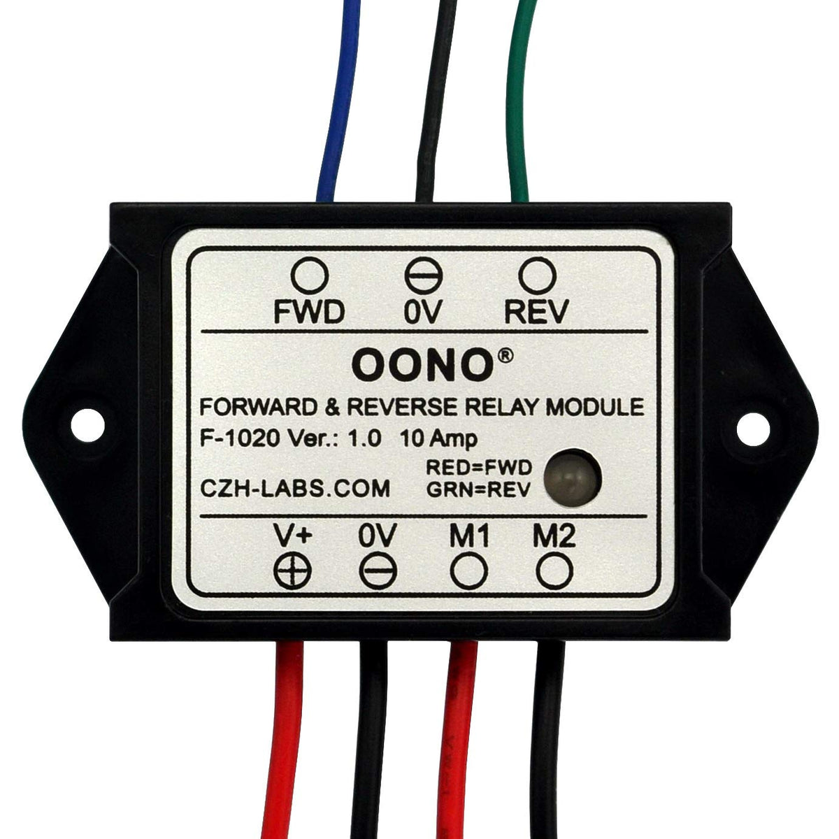OONO relay module front view showing connectors and compact case for easy mounting