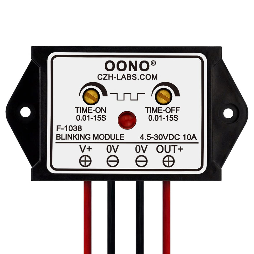 OONO front view of flasher module showing compact case and output leads for easy installation