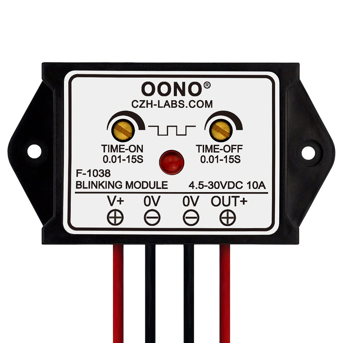 OONO front view of flasher module showing compact case and output leads for easy installation