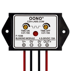 OONO front view of flasher module showing compact case and output leads for easy installation
