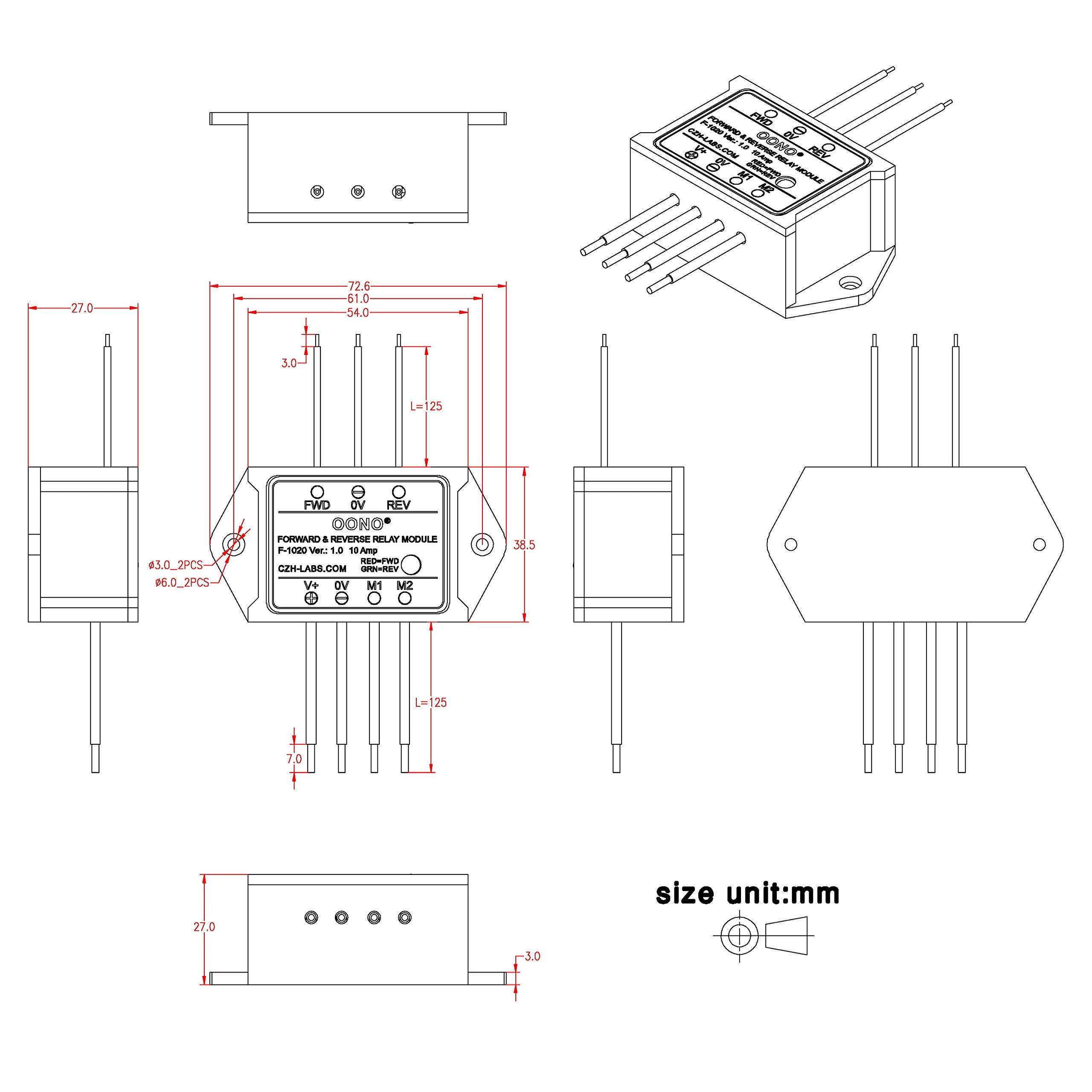 OONO relay module side profile with label showing voltage and current ratings for safety