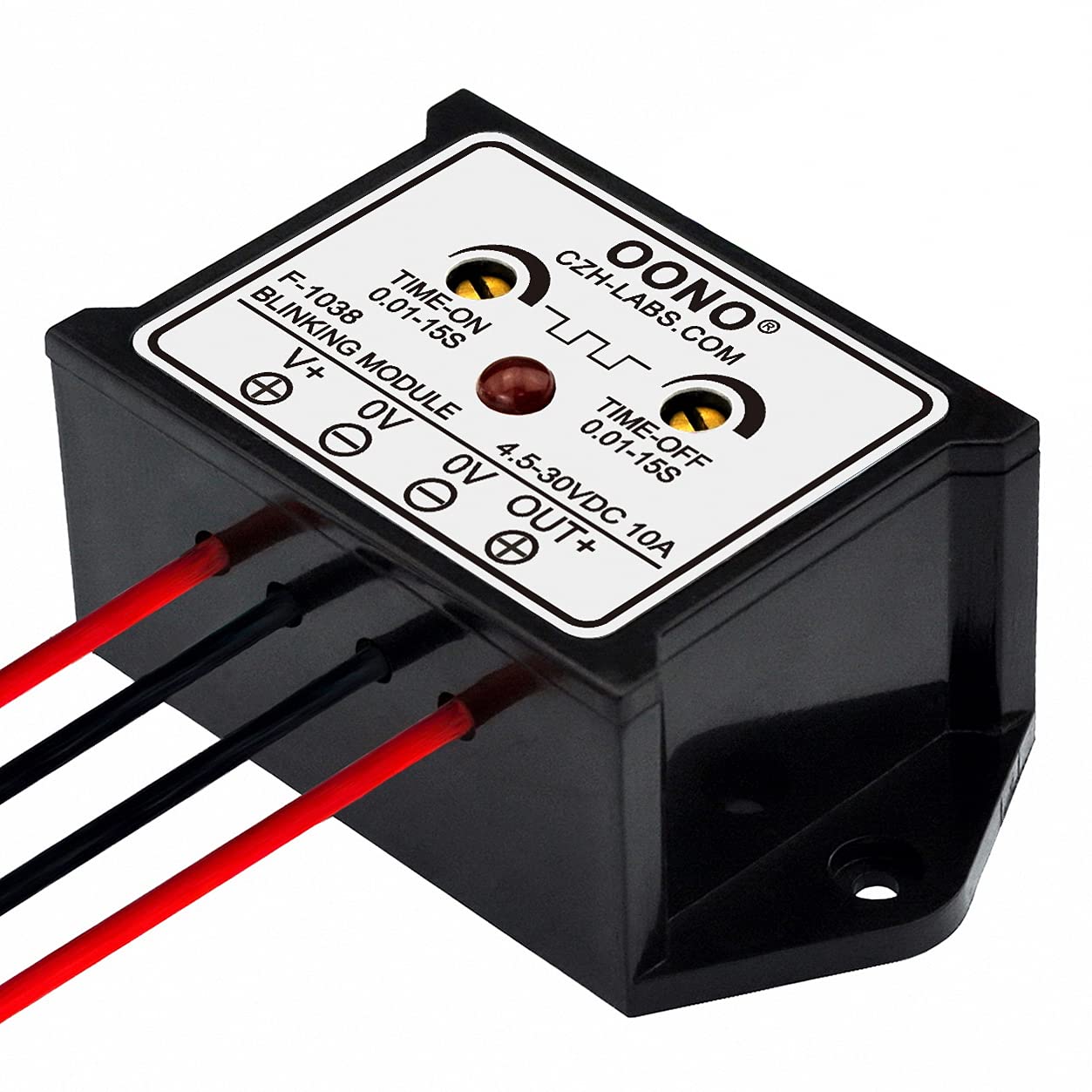 OONO detailed view of wiring leads and label for correct DC connections and safe operation