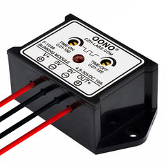 OONO detailed view of wiring leads and label for correct DC connections and safe operation