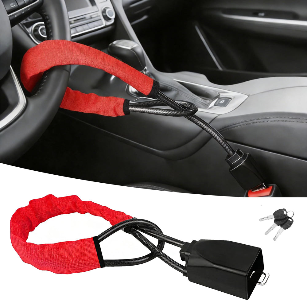 OOYAYA front view showing red lock installed on steering wheel for theft deterrence