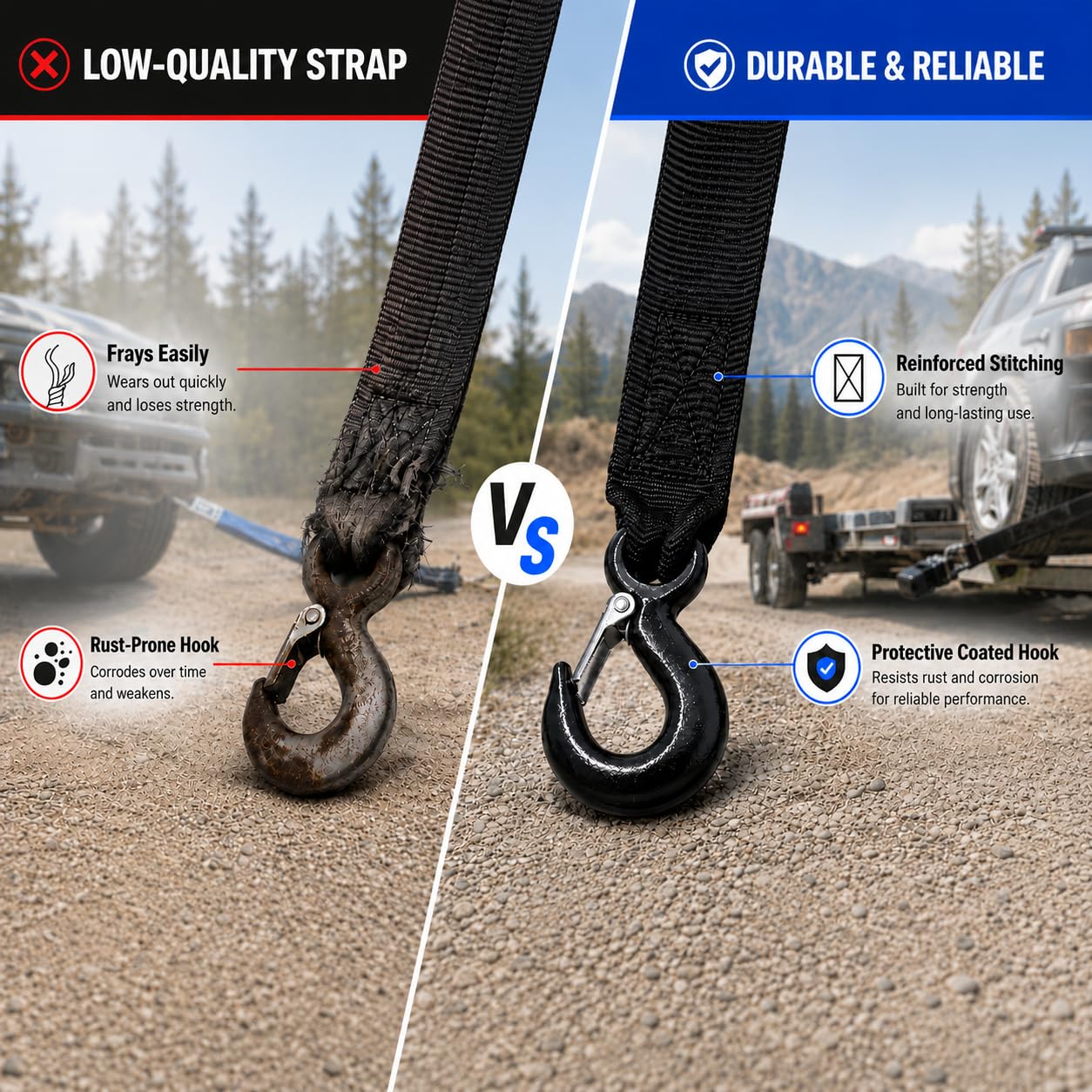 OPISICEN strap installed on winch demonstrating secure towing capability