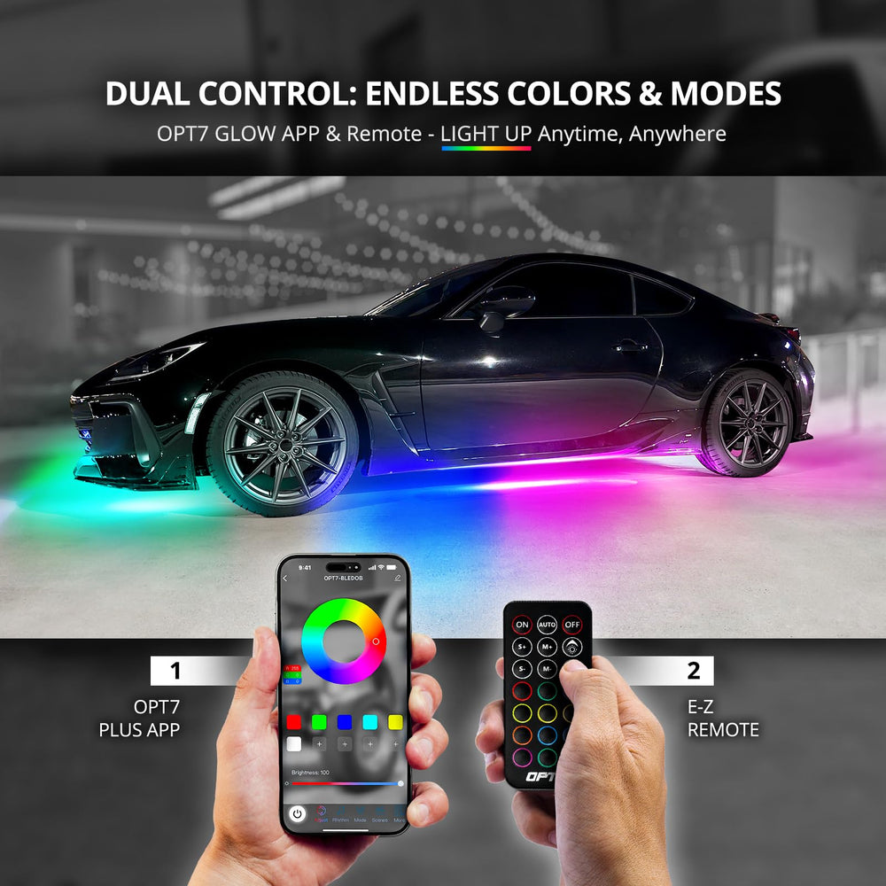 OPT7 LED strip close-up showing IC chip and vibrant colors