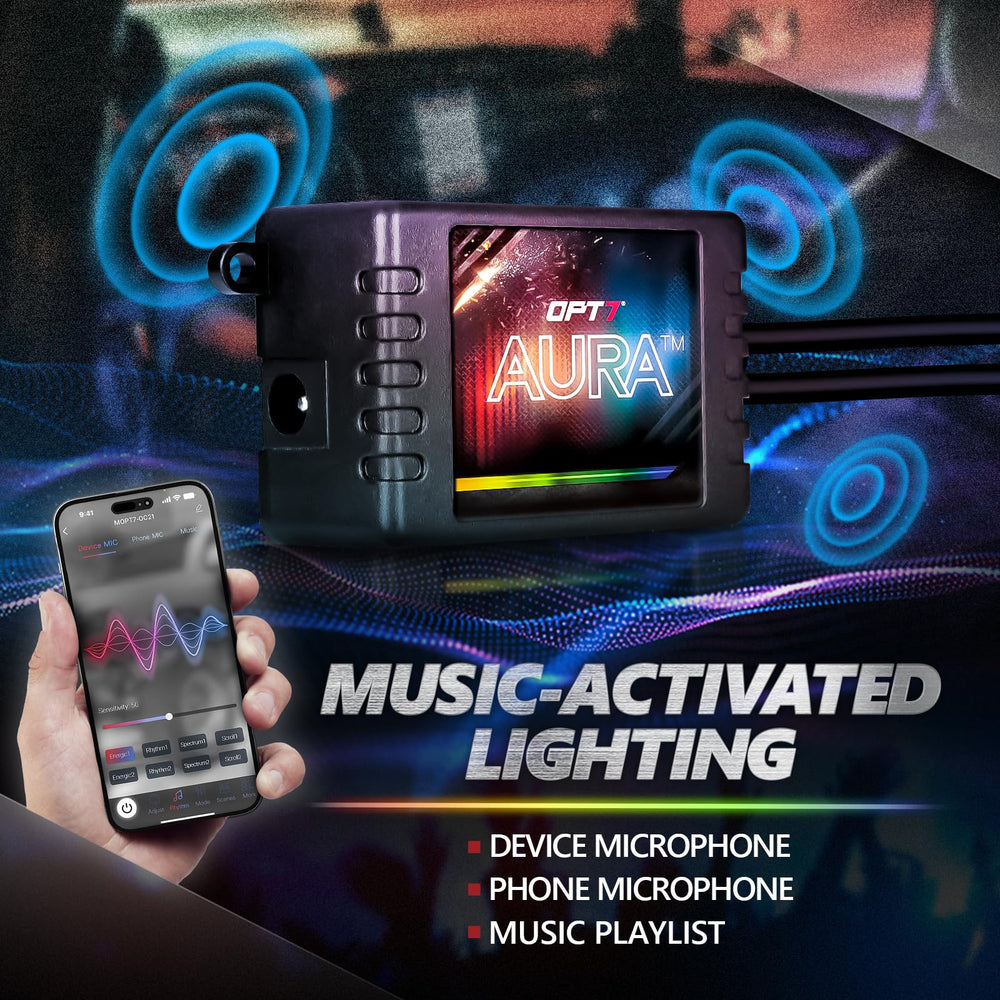 OPT7 app screen on phone controlling colors and music sync