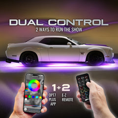 OPT7 Aura installed under vehicle front view showcasing bright underglow