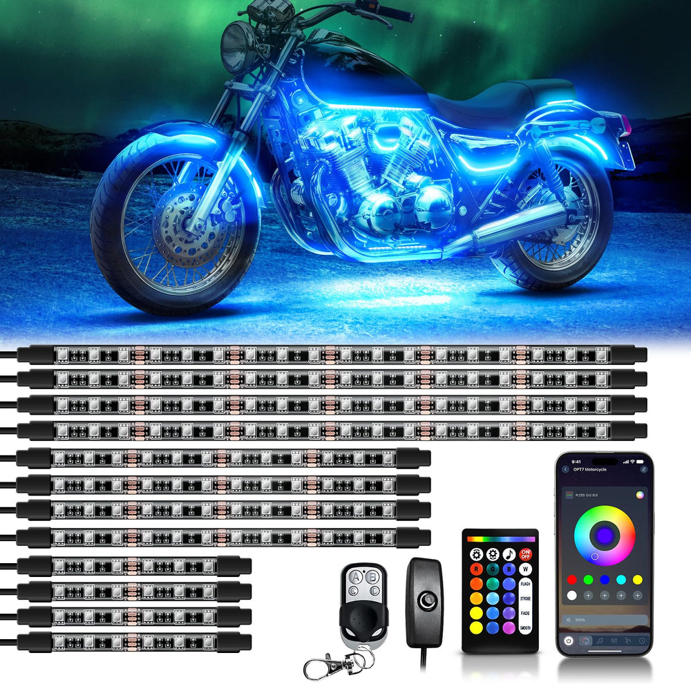 OPT7 mounted on Harley cruiser in driveway highlighting lifestyle look
