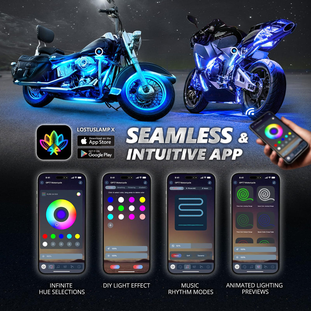 OPT7 underglow on sportbike at night improving visibility and style