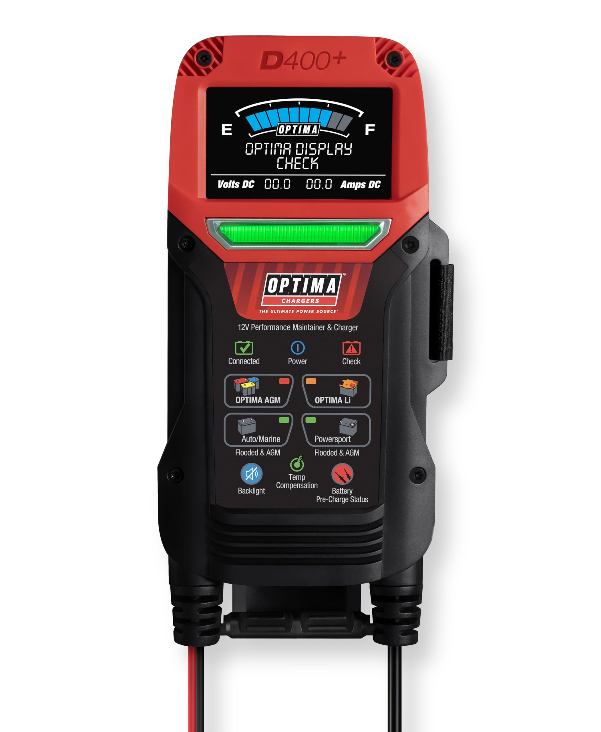OPTIMA D400+ illuminated LCD closeup displaying charge voltage and current