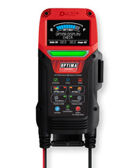OPTIMA D400+ illuminated LCD closeup displaying charge voltage and current