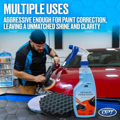 Detailer finishing a vehicle with Optimum Hyper Polish in a garage illustrating professional results