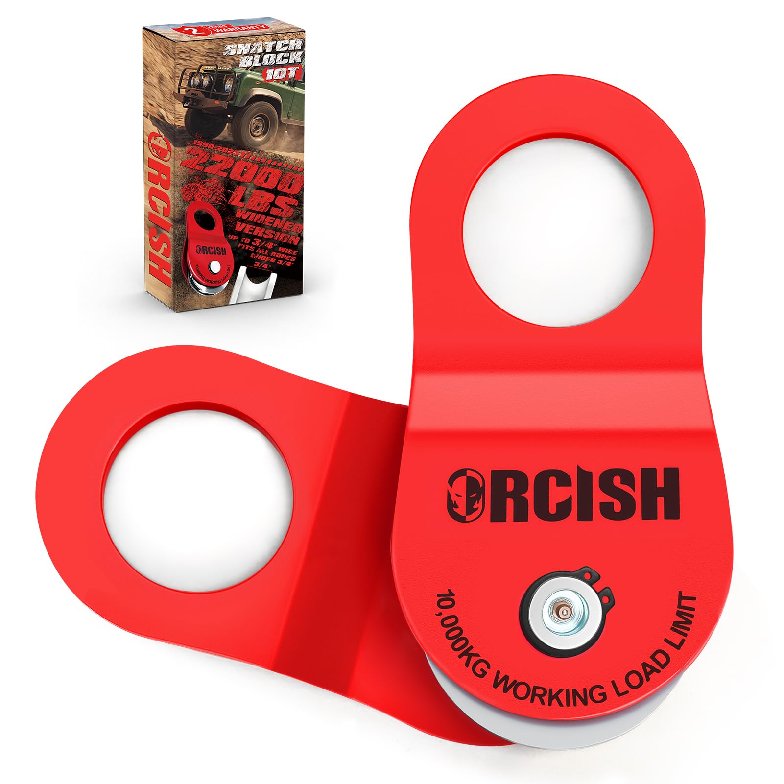 ORCISH front view snatch block showing solid steel body and hook benefit
