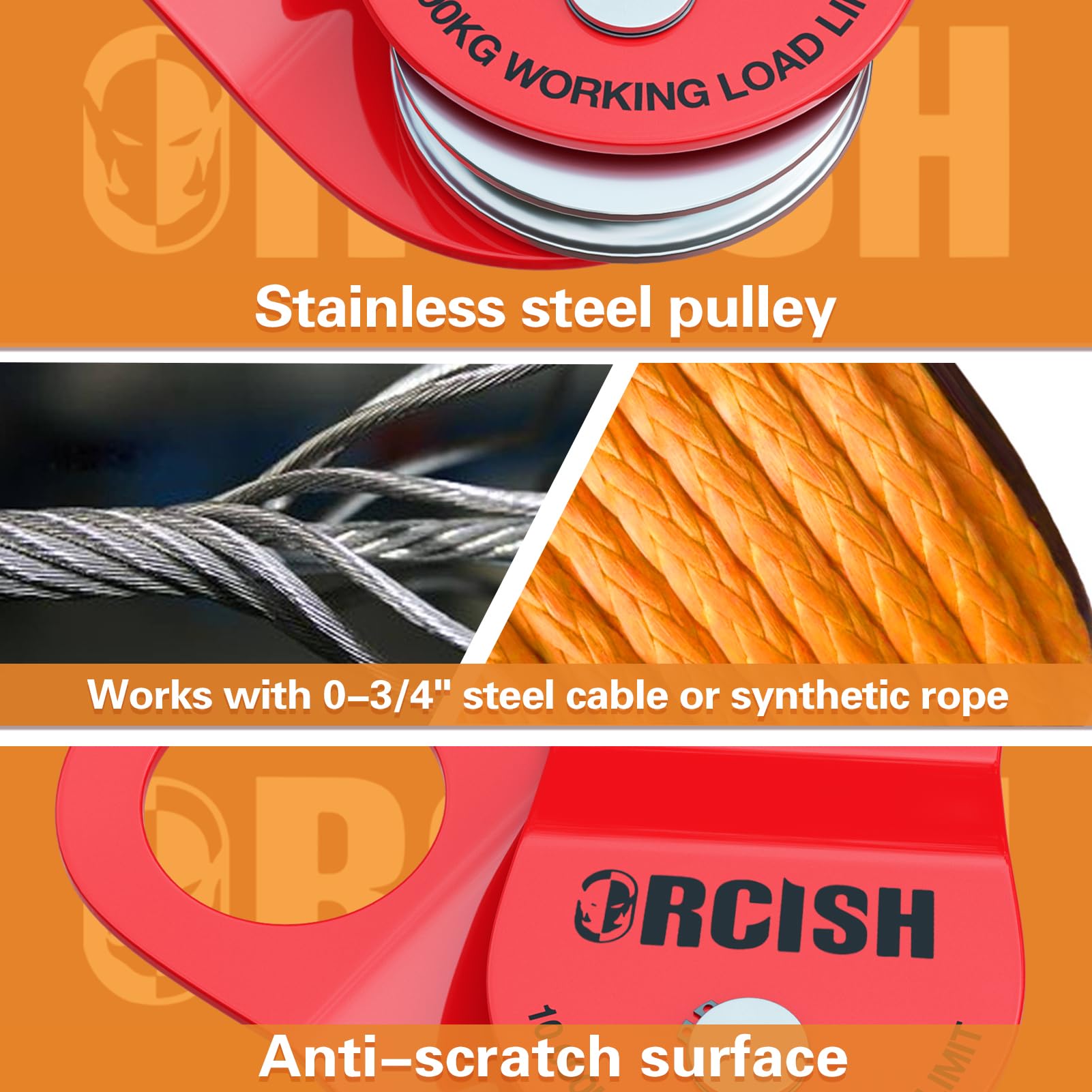 ORCISH side profile pulley mounted on shackle highlighting sturdy construction