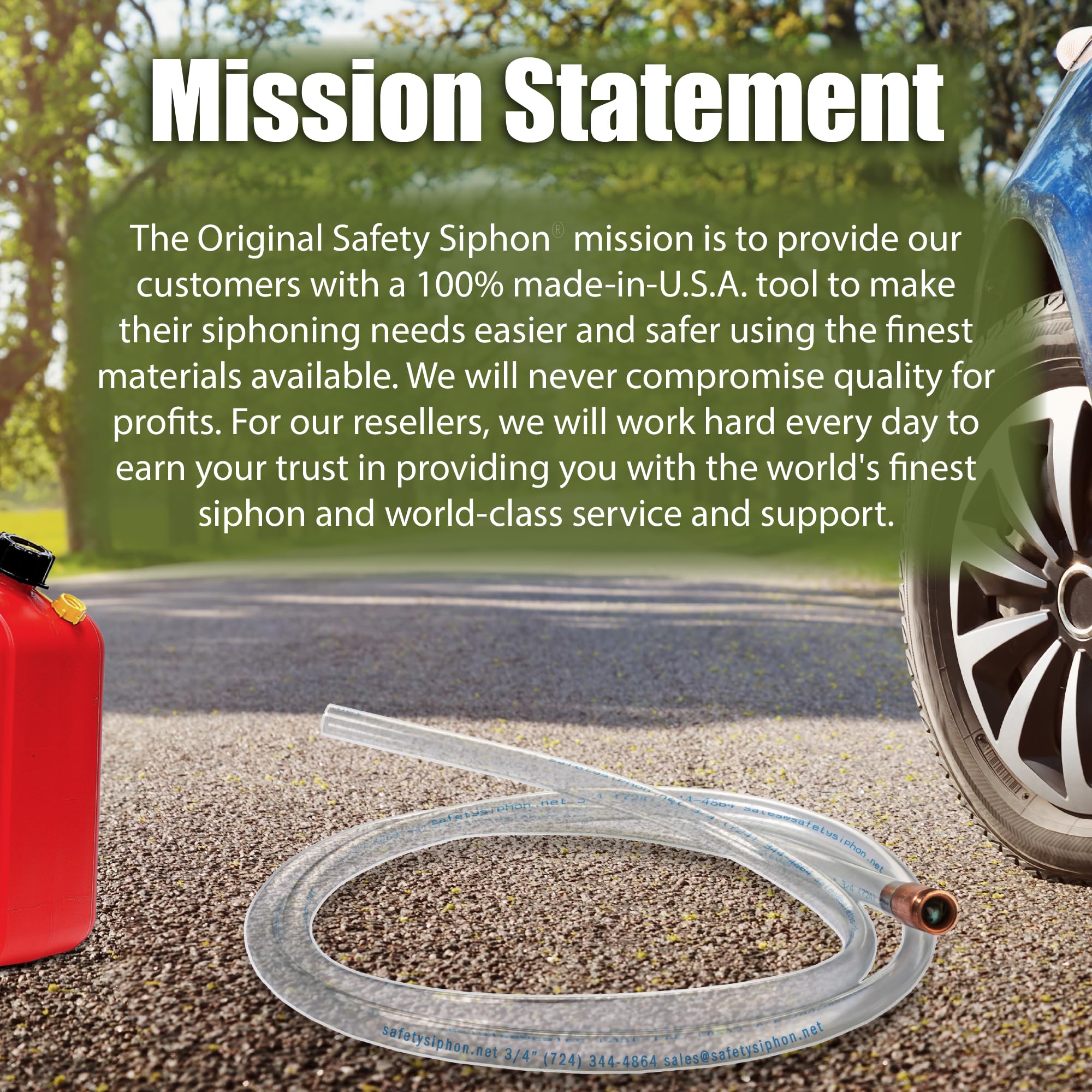 The Original Safety Siphon beside mower and boat for versatile outdoor use