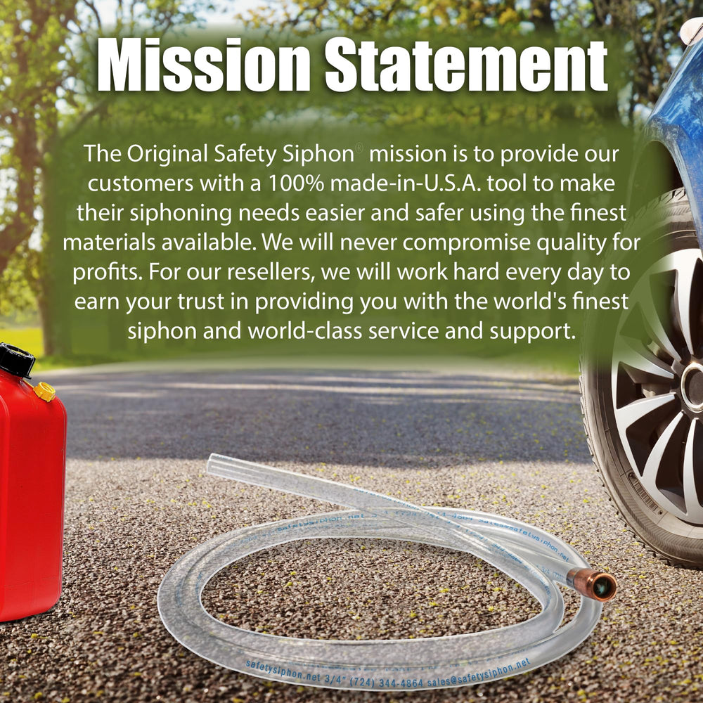 The Original Safety Siphon beside mower and boat for versatile outdoor use
