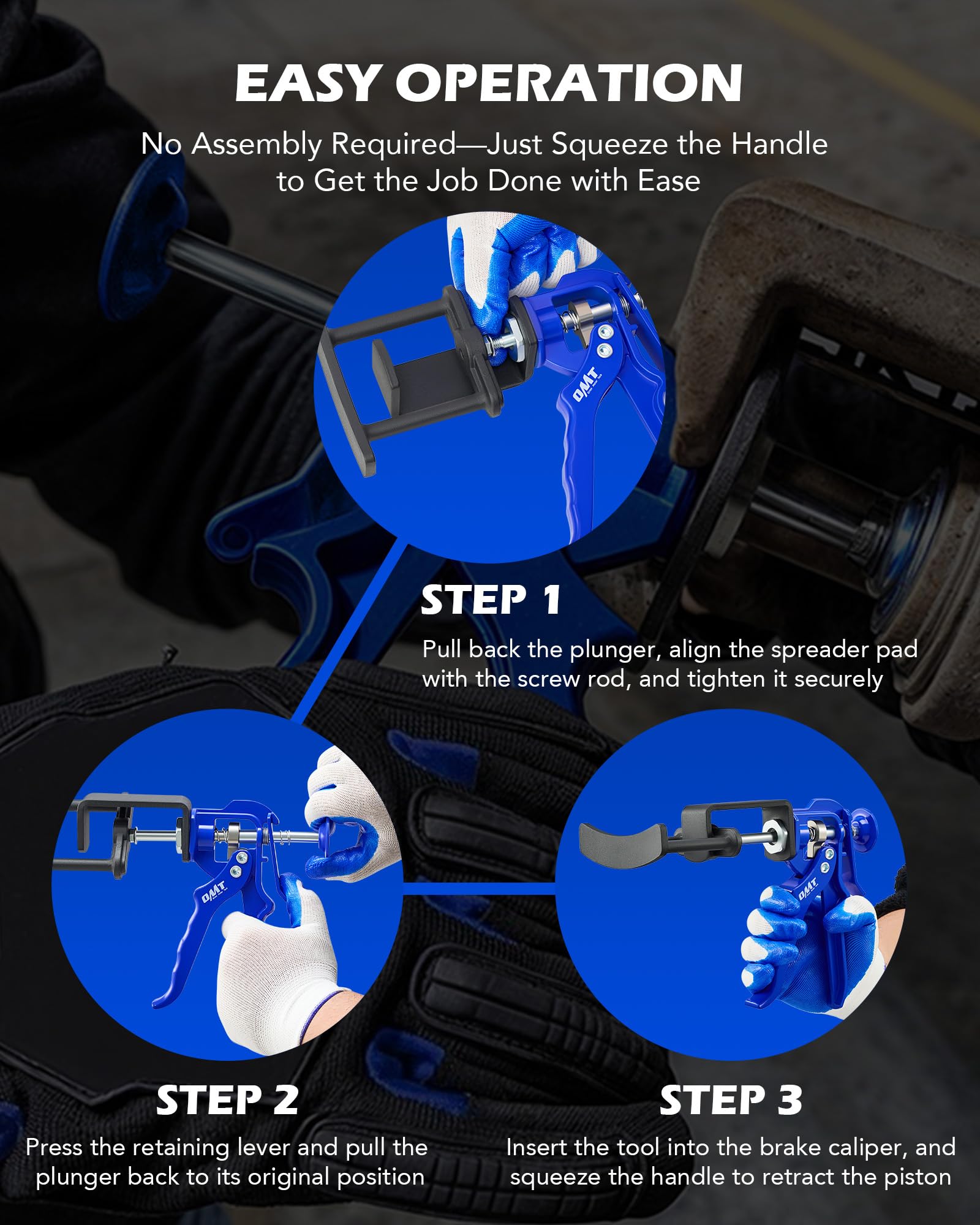 Orion Motor Tech tool in use compressing caliper pistons to speed brake pad replacement