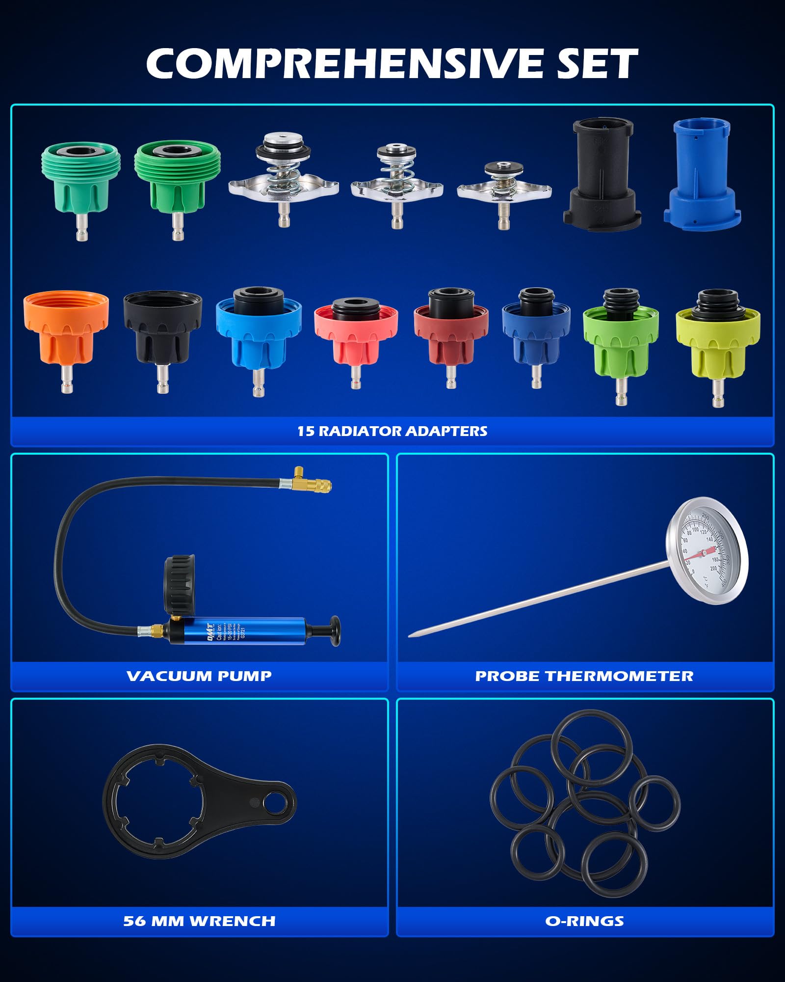 Orion Motor Tech adapter array color-coded for fast selection and fit