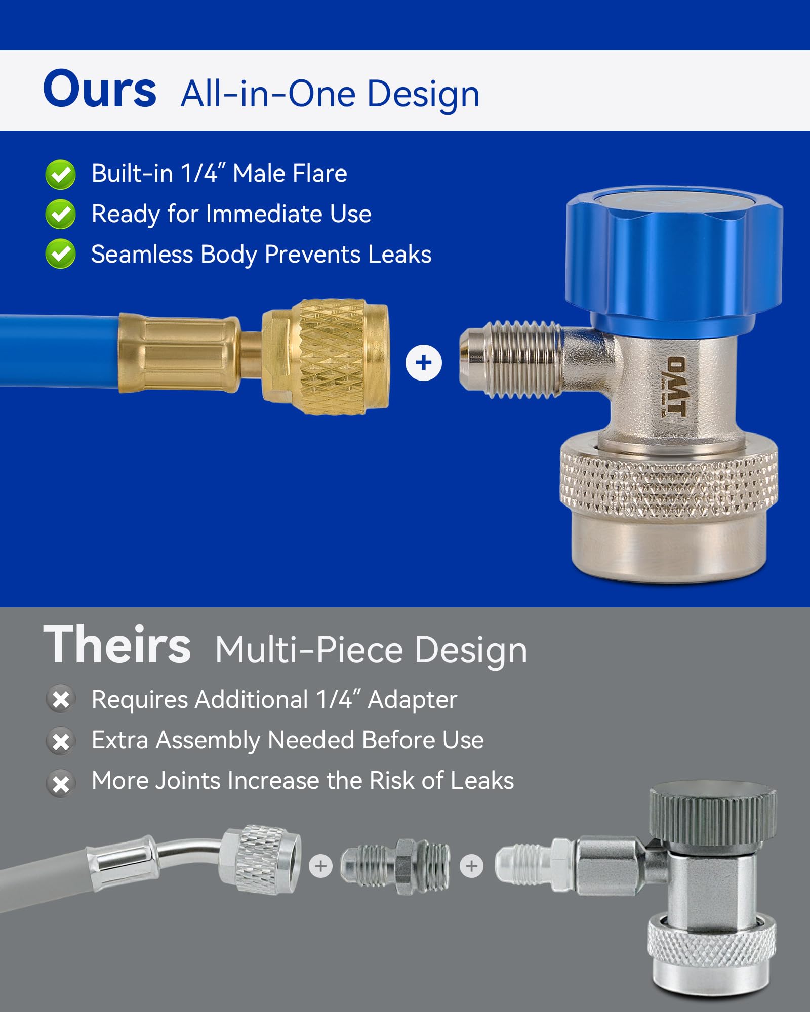 Orion Motor Tech 45-degree angled adapter fitted in recessed port, access in tight spaces