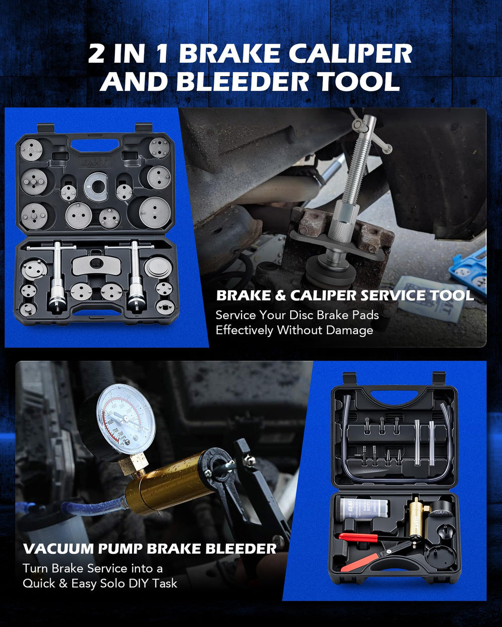 Orion Motor Tech caliper compression tool close-up showing magnetic thrust bolts and sturdy construction for safe piston retraction