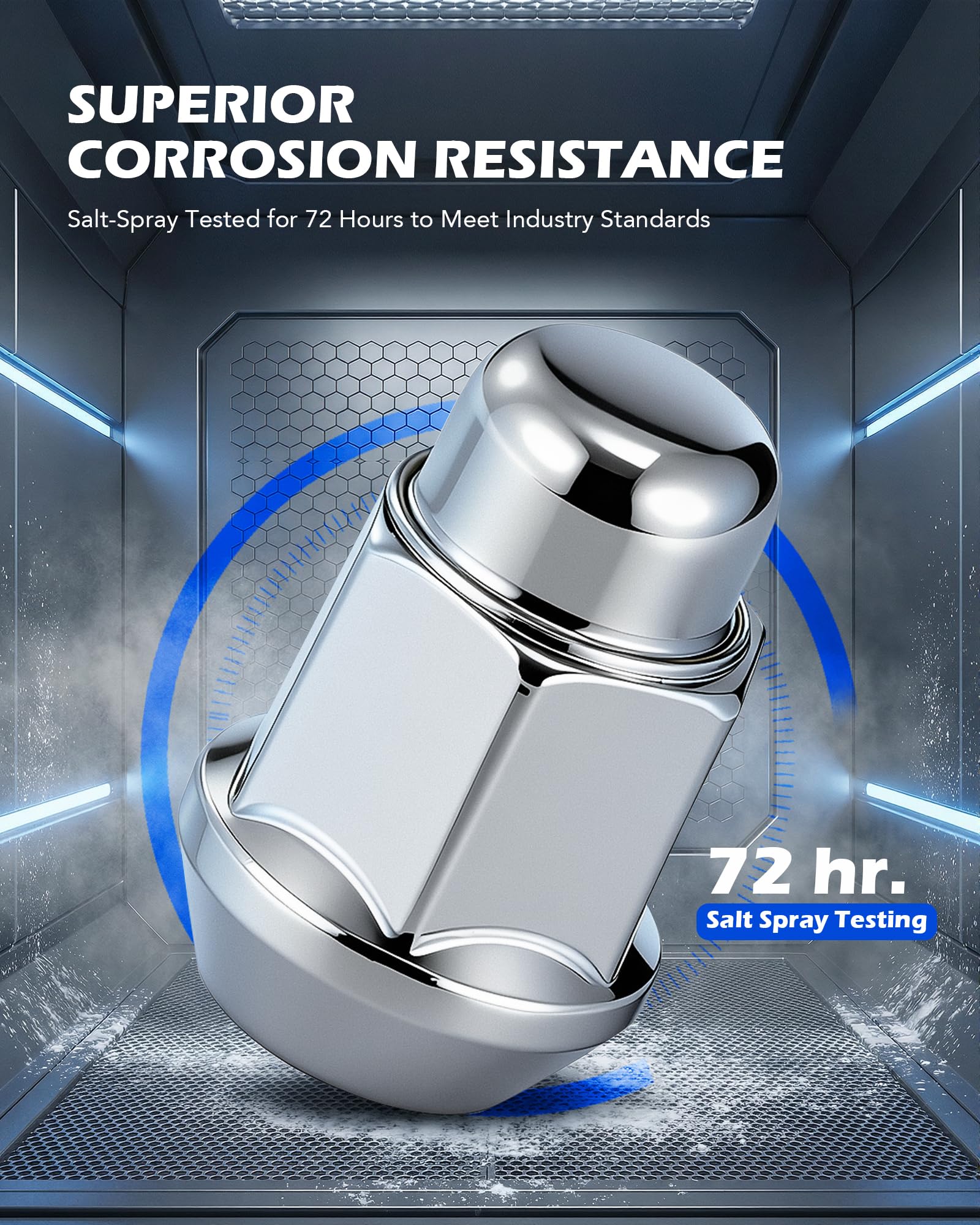 Orion Motor Tech chrome-plated lug nut detail highlighting corrosion resistance benefit