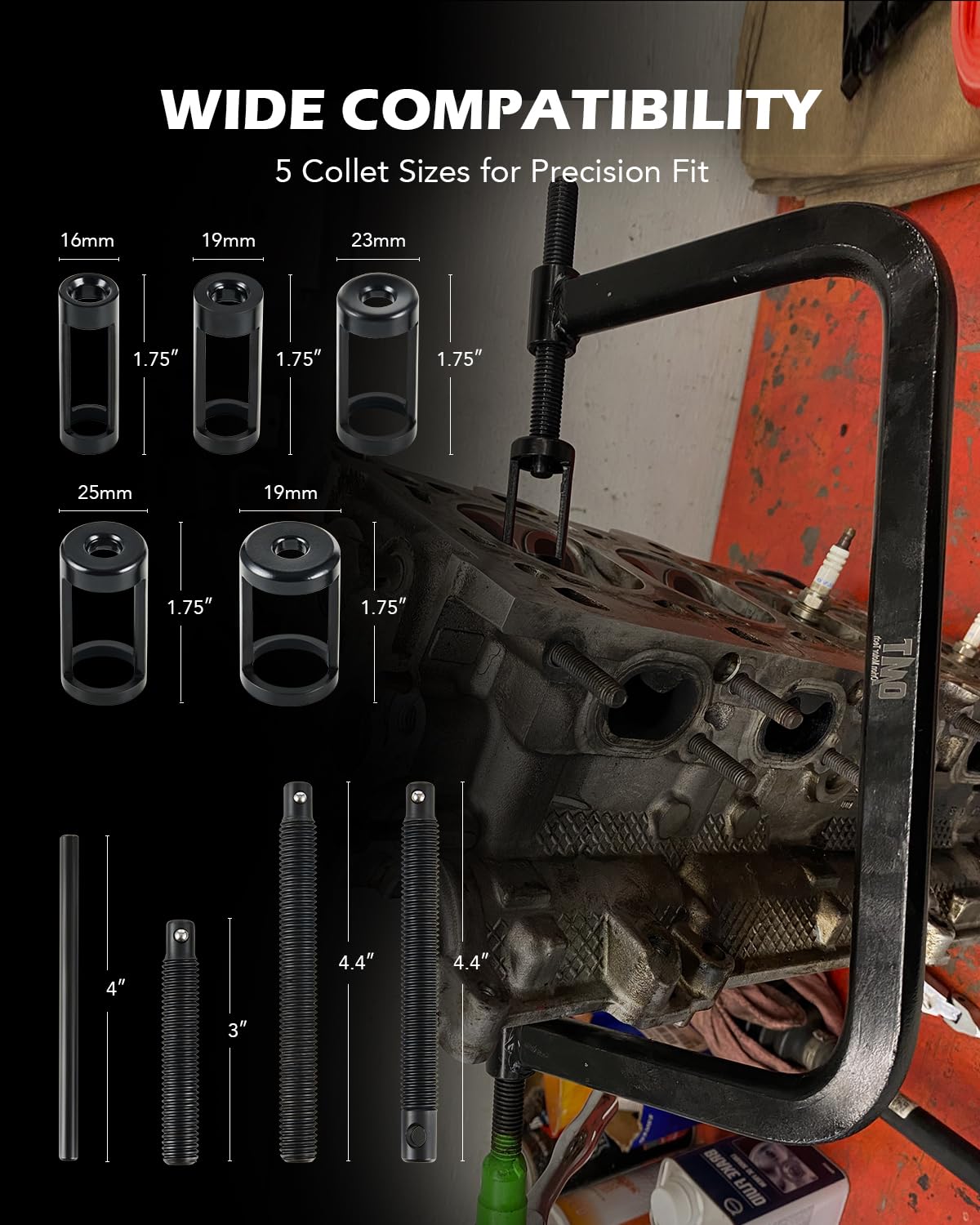 Orion Motor Tech collets and pushers arranged to show size options and precise fit benefits