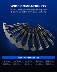 Orion Motor Tech collets array displaying ten split collets for varied bore sizes