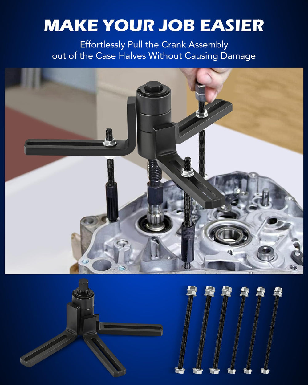 Orion Motor Tech crankshaft installer and adapters arranged for correct journal fit