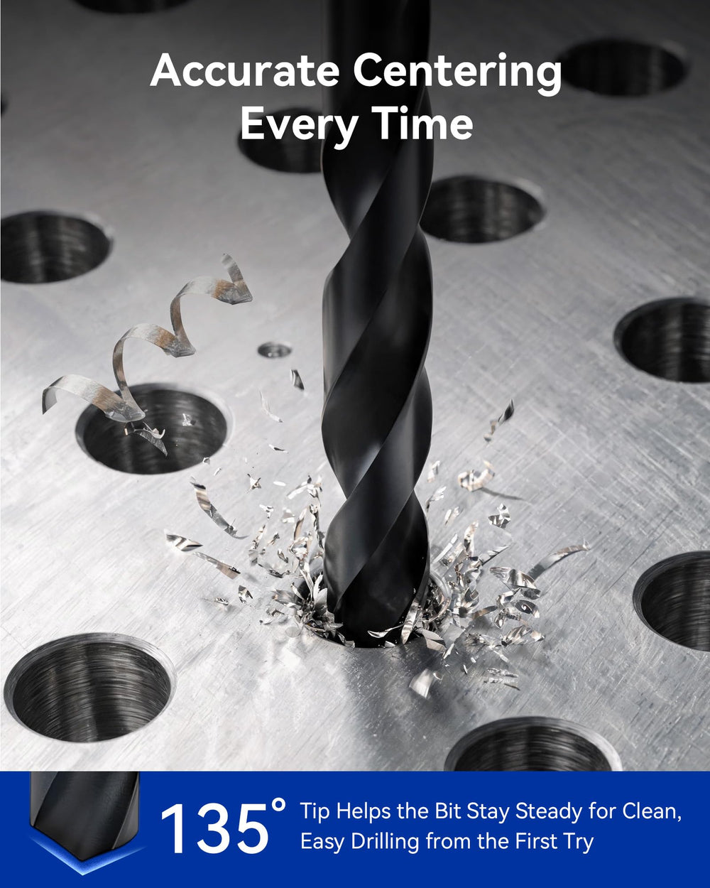 Orion Motor Tech drill bits close-up showing sharp 135° tips for clean drilling