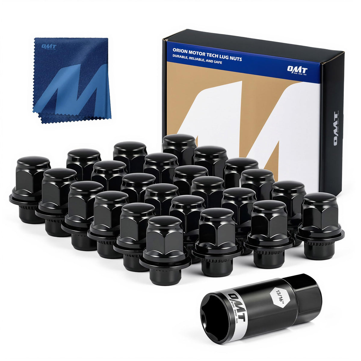 Orion Motor Tech front packaging showing 24 lug nuts and included socket, clear kit benefit
