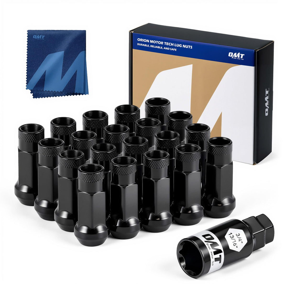 Orion Motor Tech front view of 20-piece lug nut set showing complete kit and socket key benefit