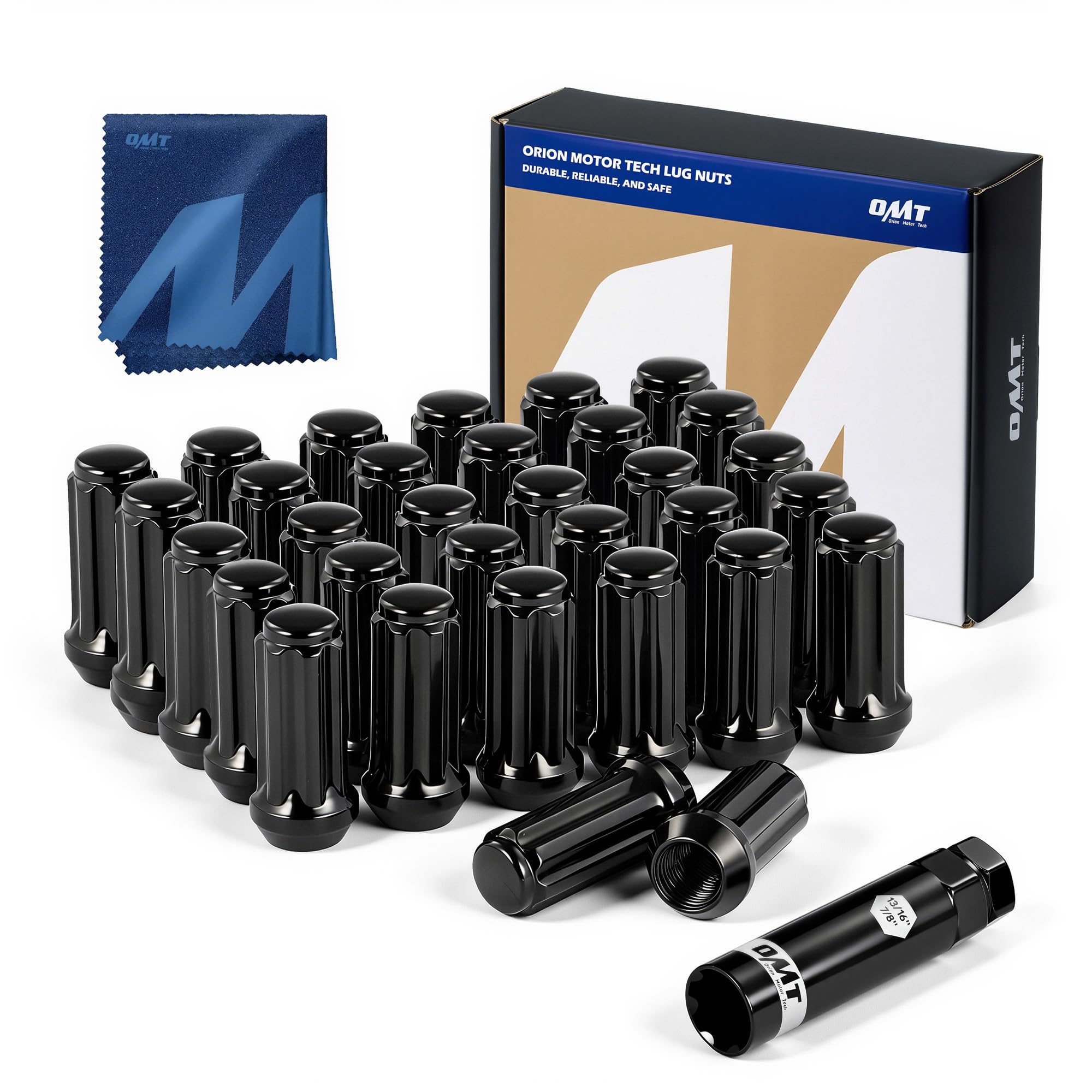 Orion Motor Tech front packaging showing full 32-piece lug nut kit and socket benefit fast replacement
