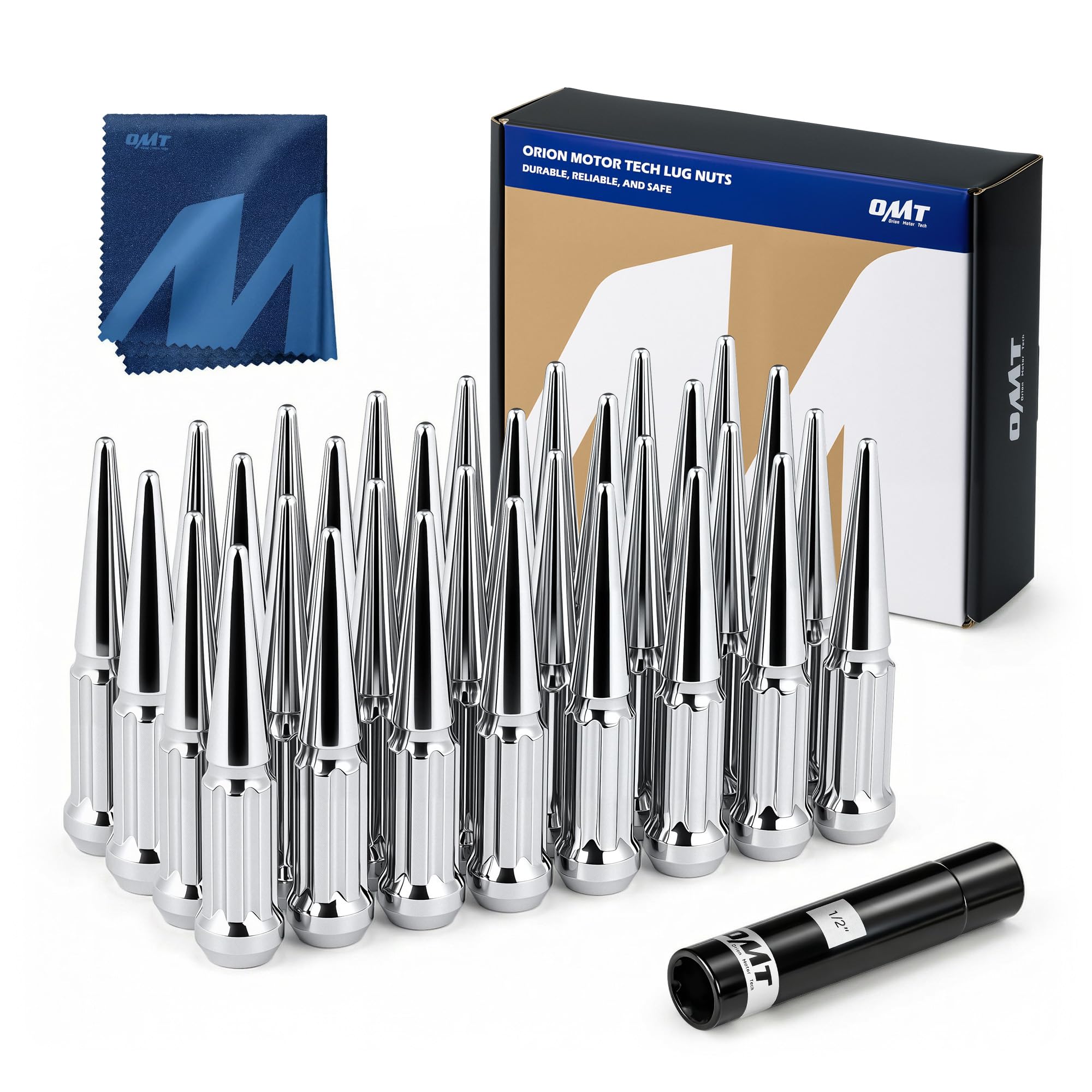 Orion Motor Tech front view of 32-piece lug nut kit showing contents and socket benefit
