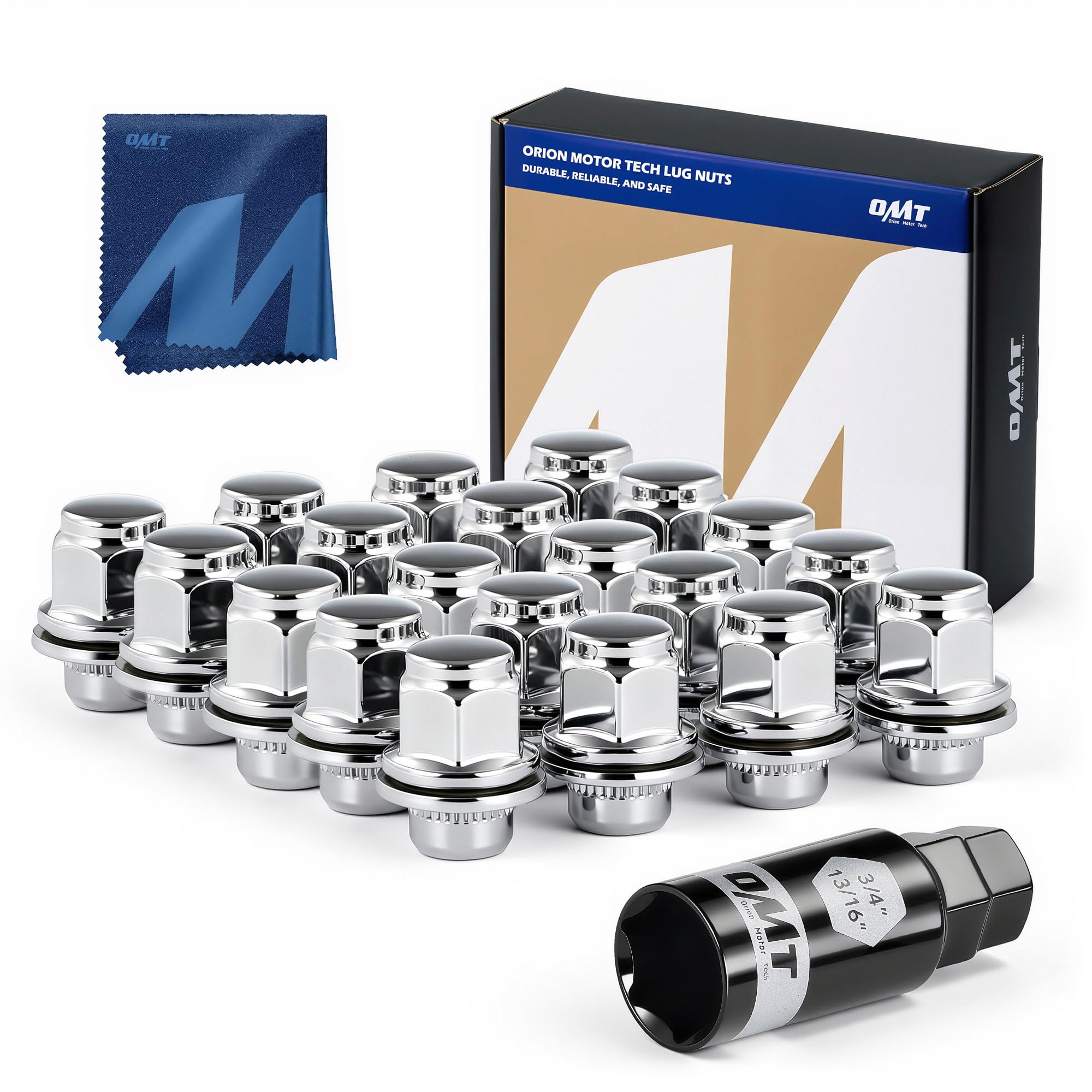 Orion Motor Tech front packaging showing 20 lug nuts and socket key, quick replacement