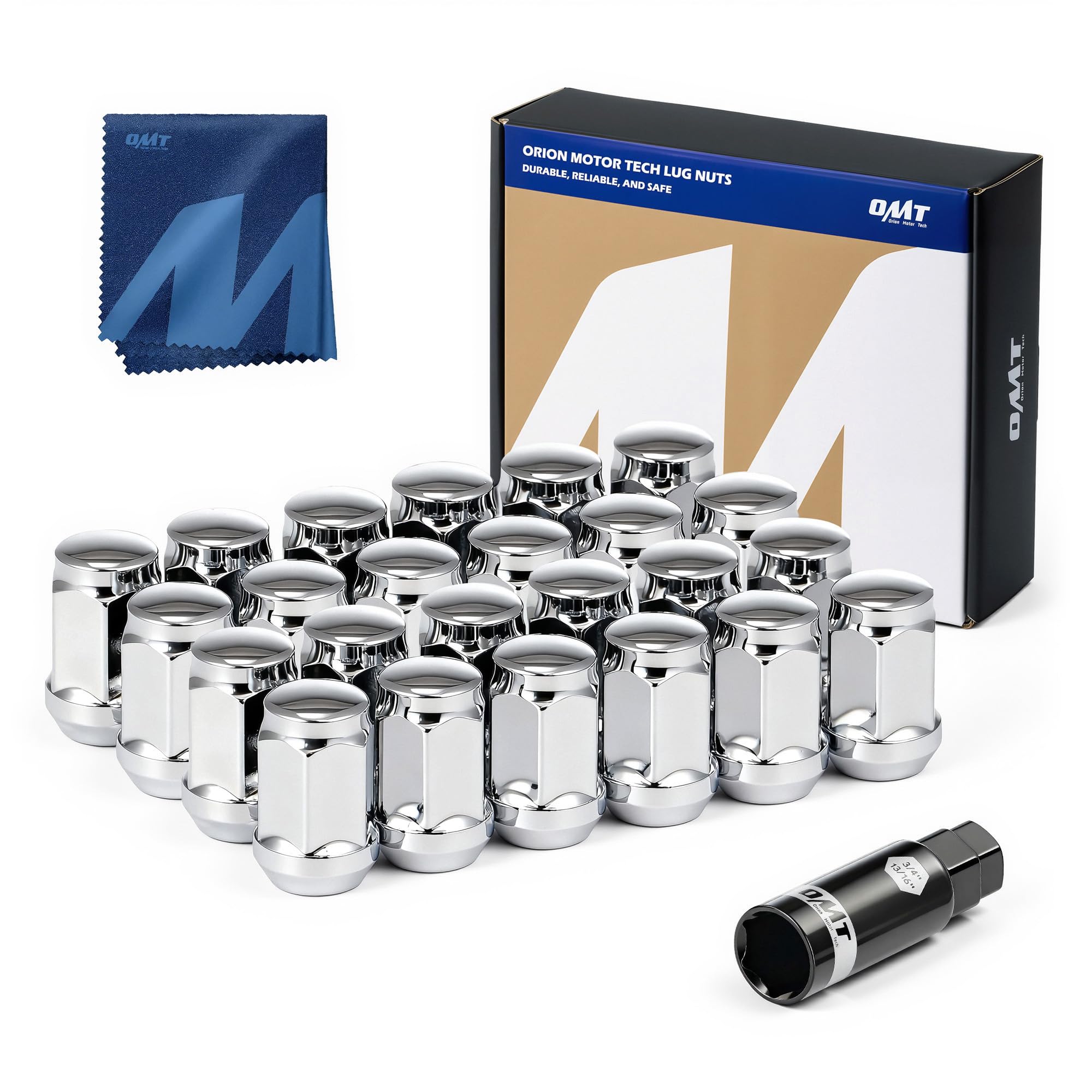 Orion Motor Tech front view of 24 chrome lug nuts showing complete set for easy replacement