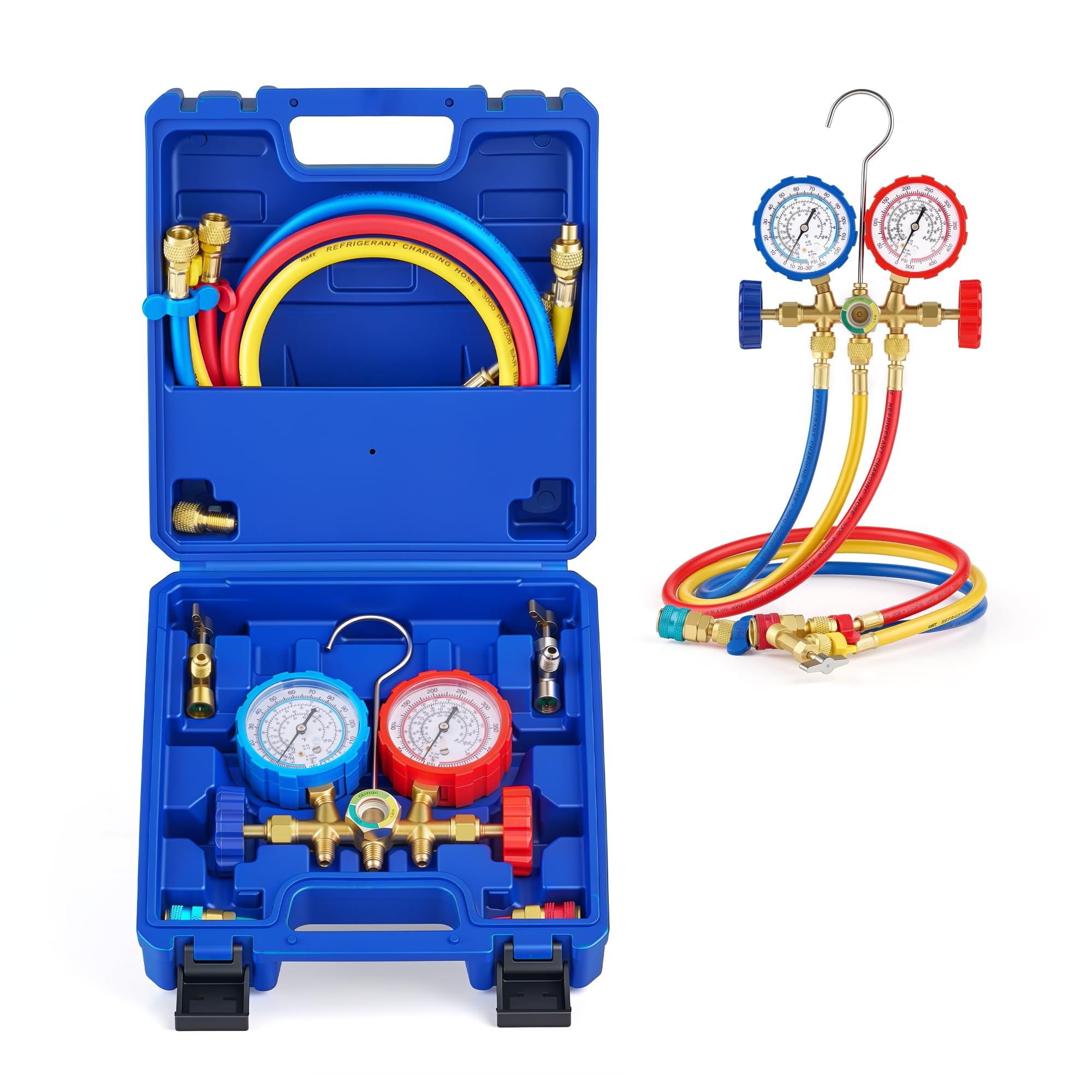 Orion Motor Tech front view of manifold gauge set showing robust build and organization