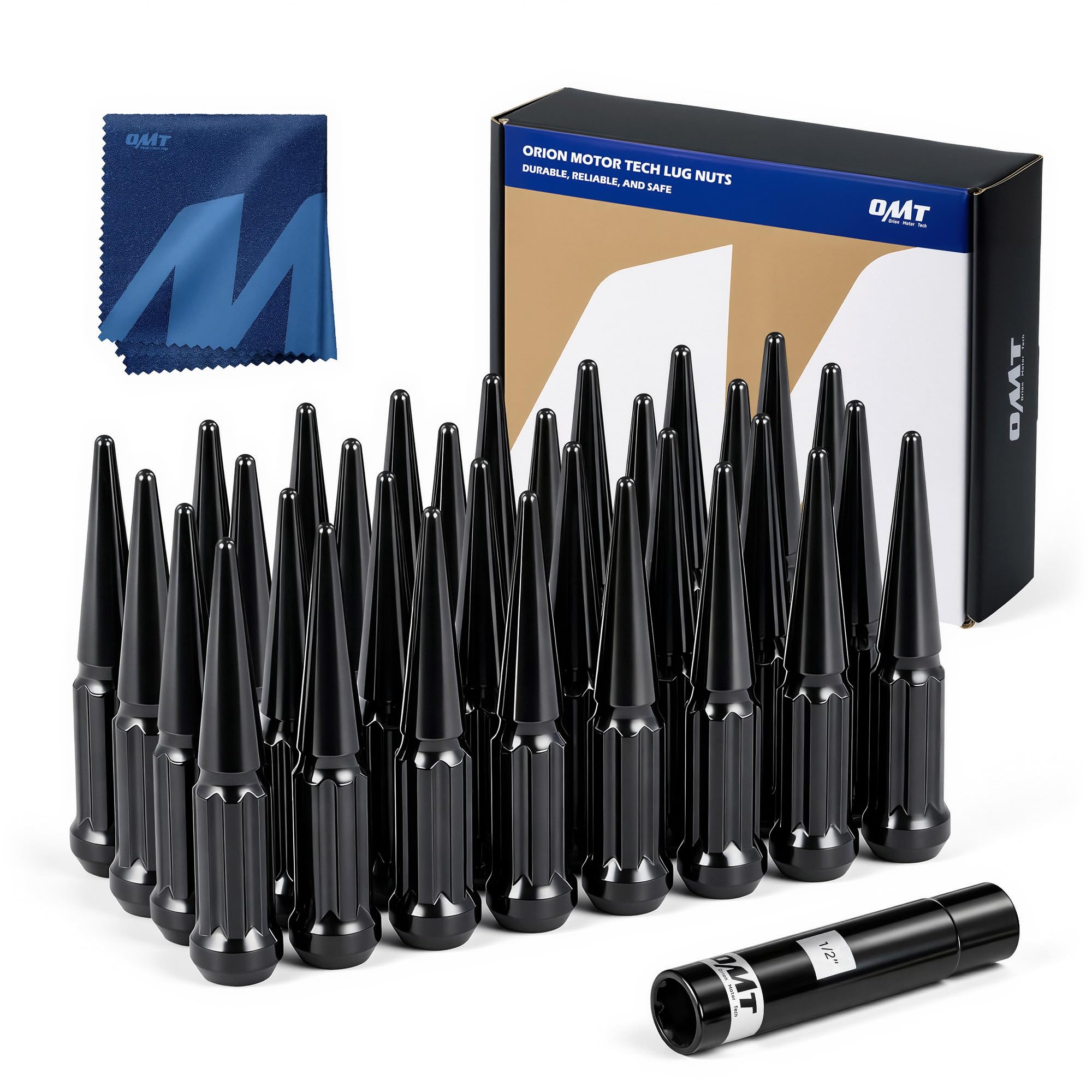Orion Motor Tech front view of 32-piece lug nut kit showing contents and socket