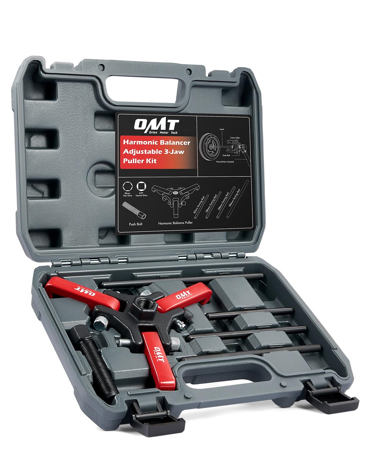 Orion Motor Tech front view of complete puller set showing organized layout and durability