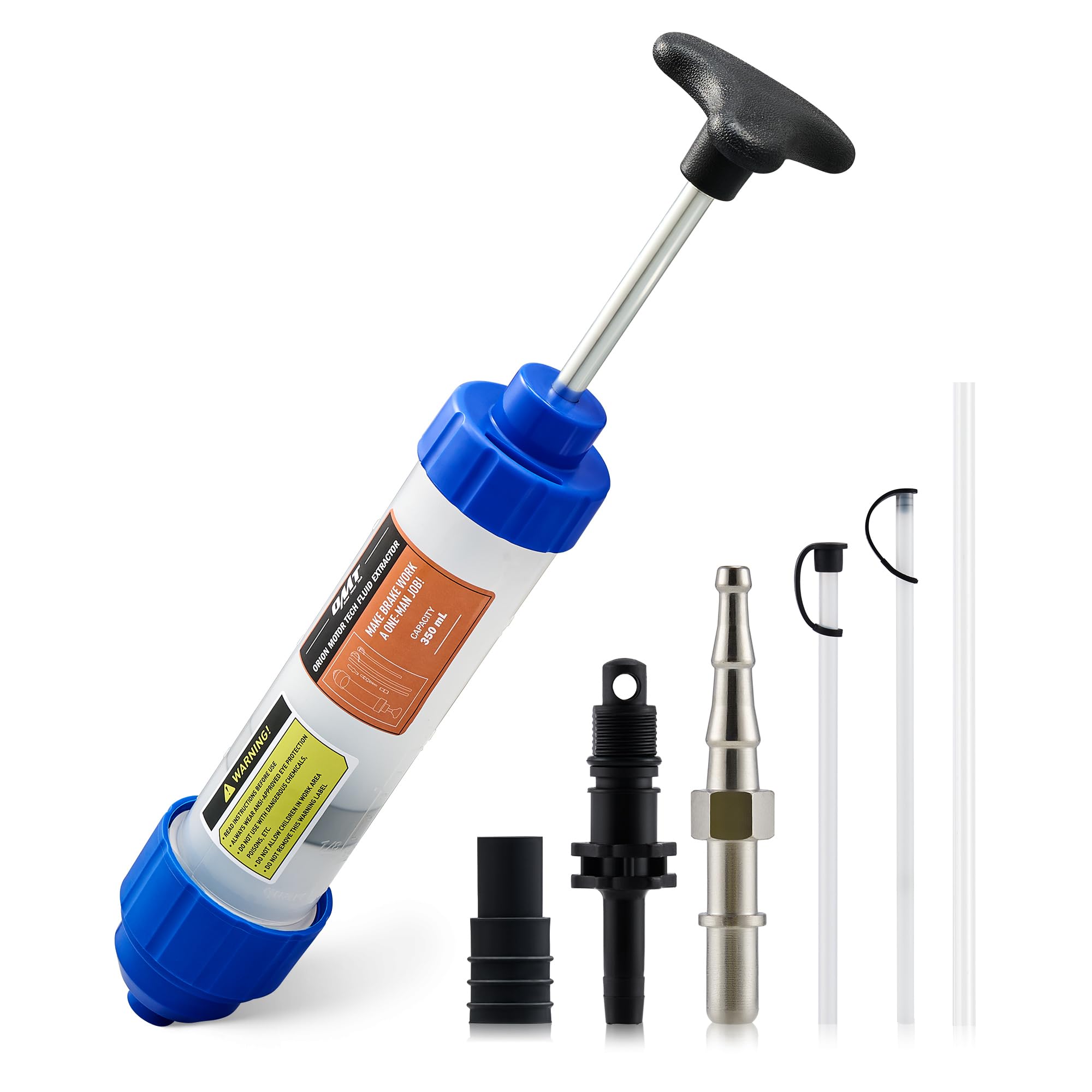 Orion Motor Tech front view of blue 350mL syringe pump showing compact design and portability