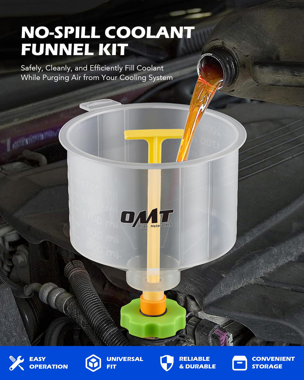Orion Motor Tech translucent funnel close-up showing measurement marks for precise fills