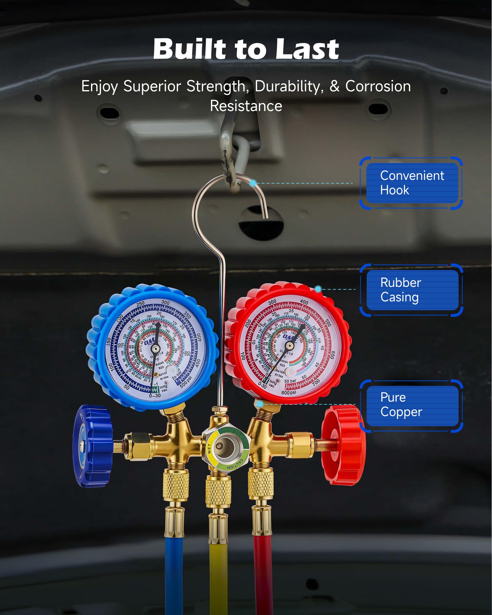 Orion Motor Tech technician using the manifold set on a car AC system for fast diagnostics