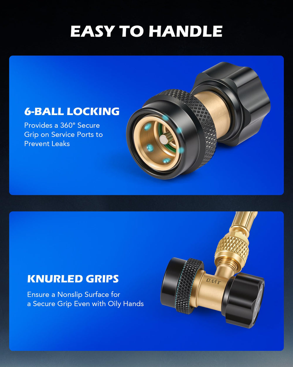 Orion Motor Tech nonslip handle and top knob detail enabling controlled valve operation