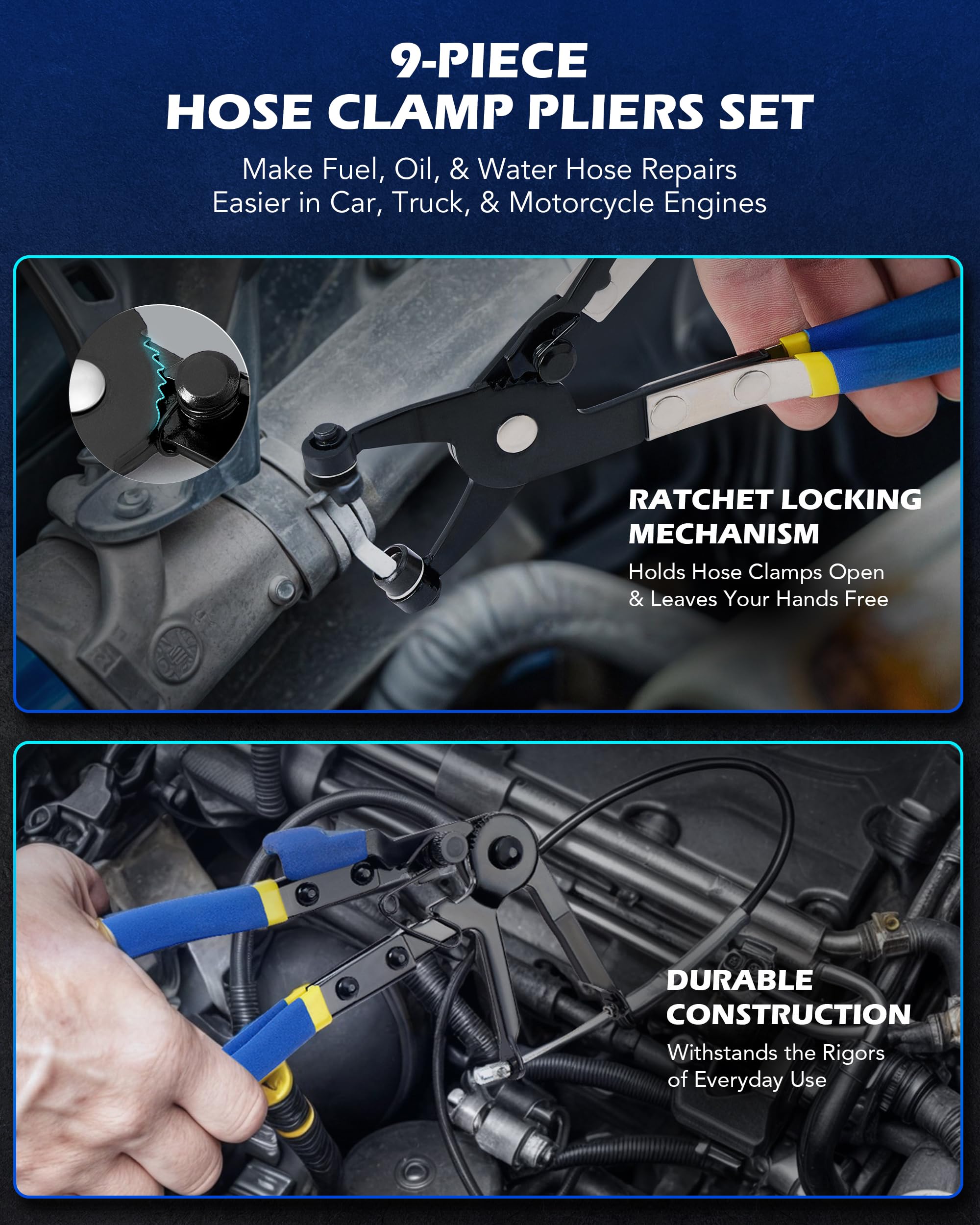 Orion Motor Tech close-up of hose clamp pliers showing secure non-slip grip