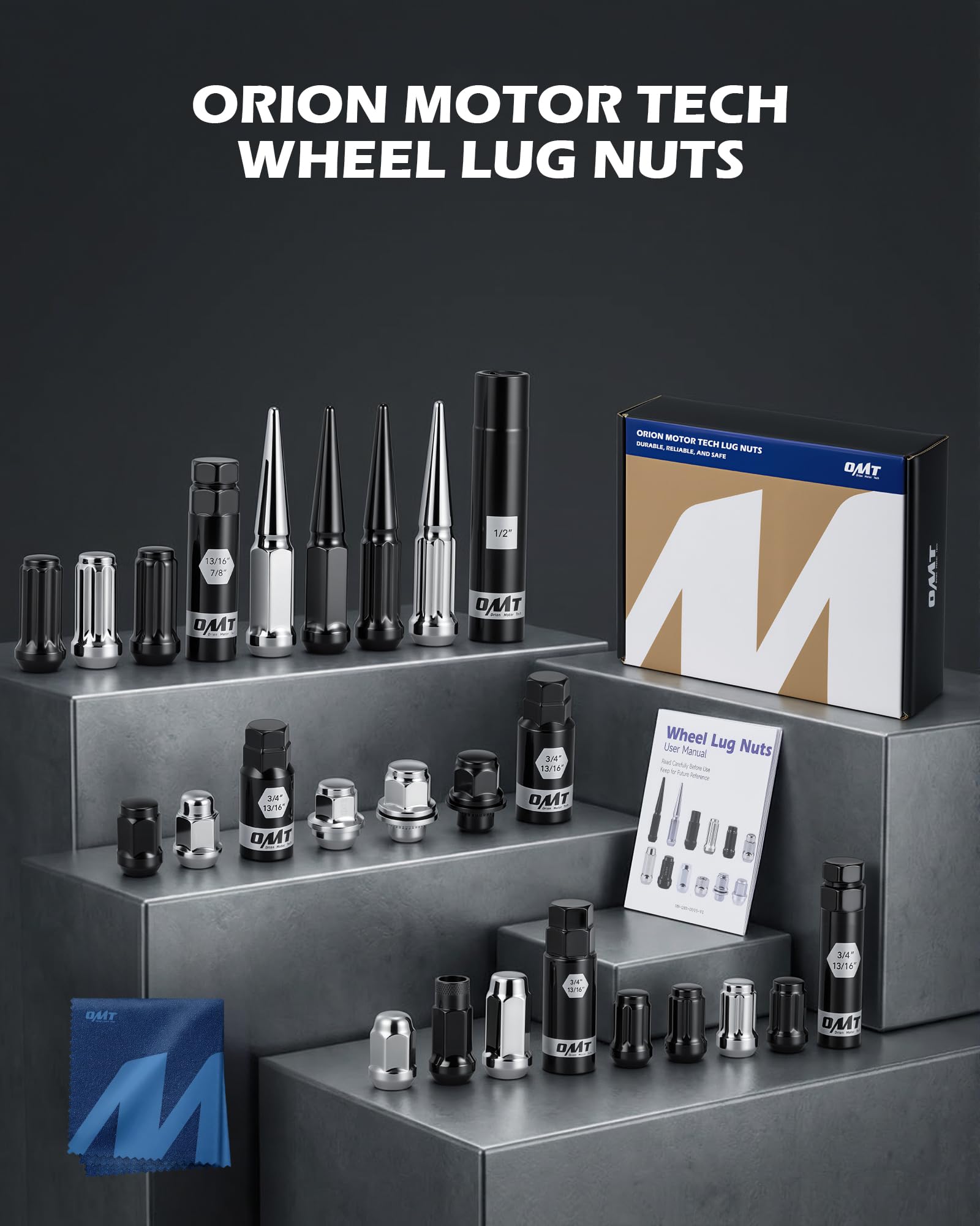 Orion Motor Tech lug nuts beside tire in garage showing practical use