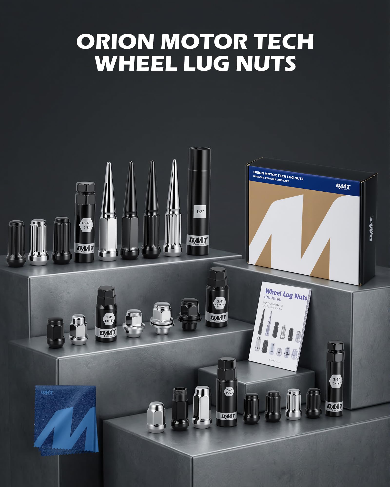 Orion Motor Tech lug nuts and socket key on workbench showing easy DIY use