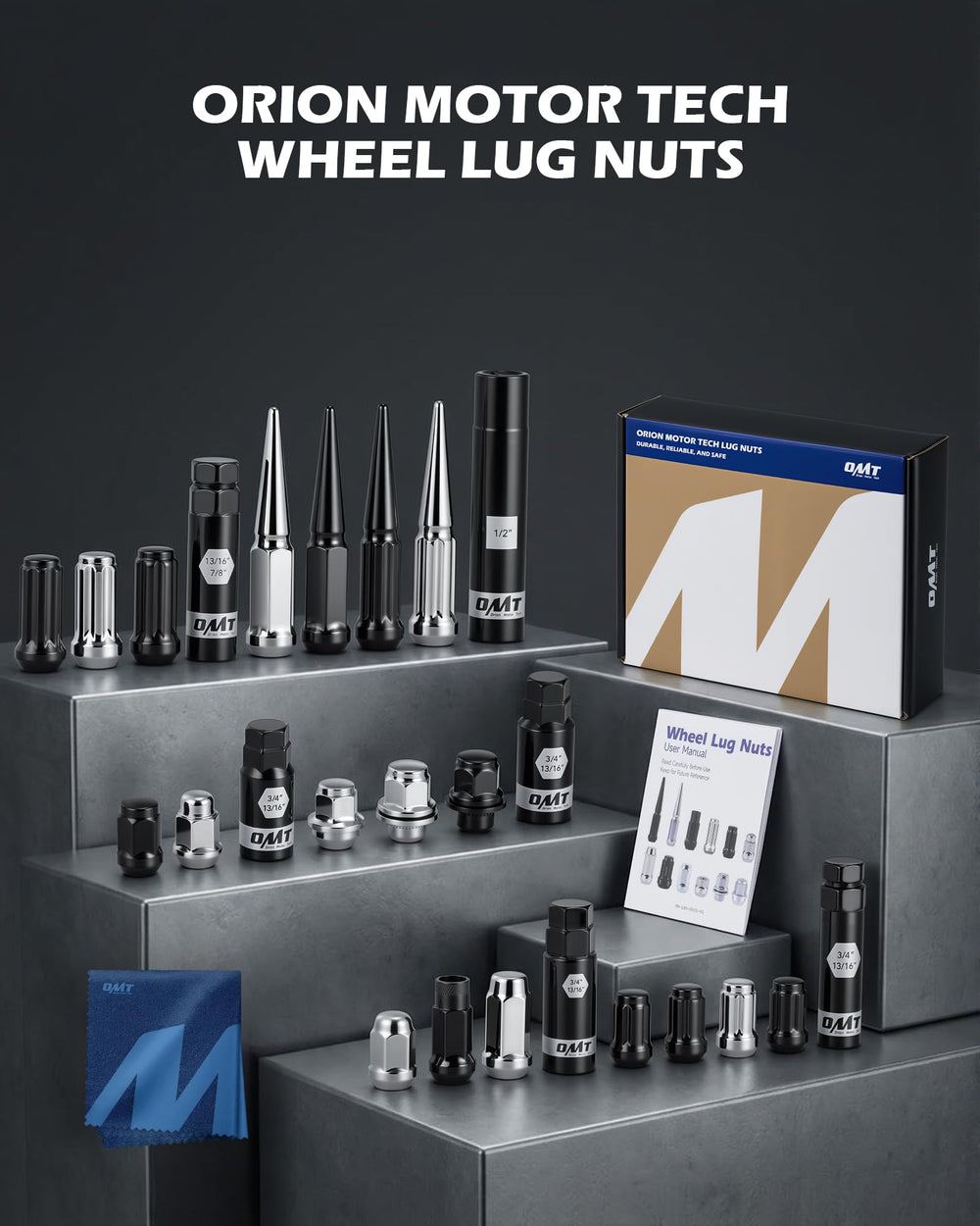 Orion Motor Tech lug nuts and socket key on workbench showing easy DIY use